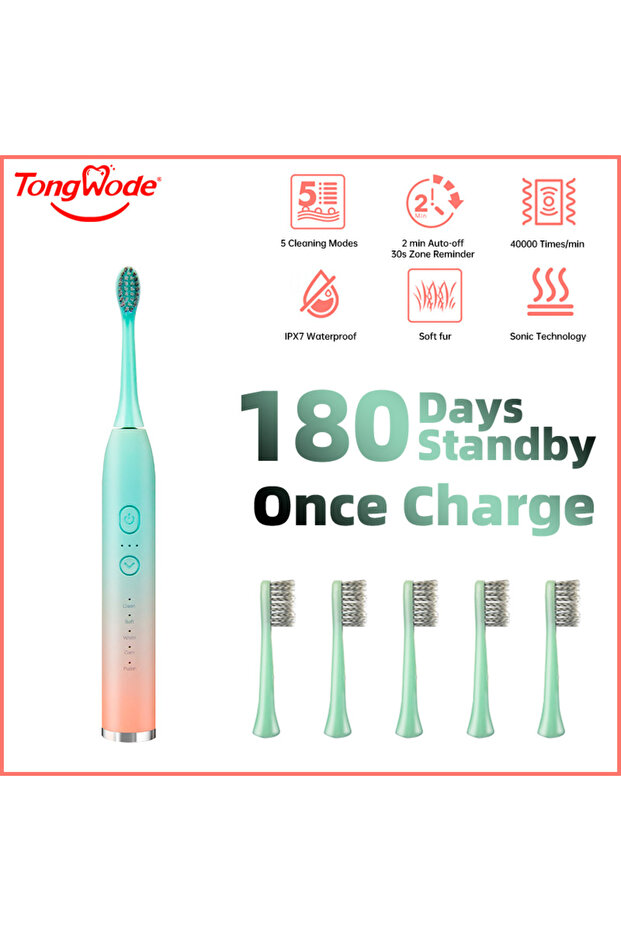 Green With 6 Brushes Tongwode Electric Sonic Toothbrush Rechargeable Waterproof Electronic USB Charg