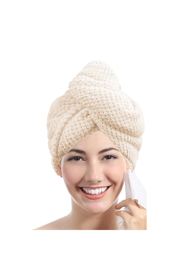 Beige Solid Color Hair Towel Textured Dry Hair Cap 9.8' X 25.5' Absorbent Hair Towel Wrap for Button