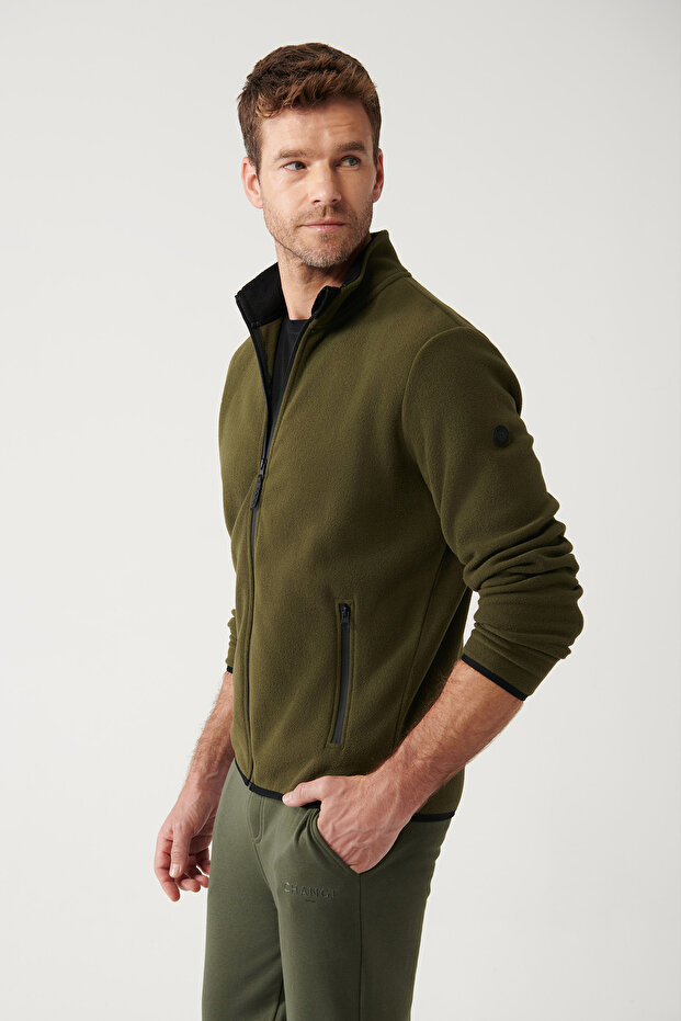 Erkek Haki Basic Dik Yaka Polar Hırka E001069 - 1