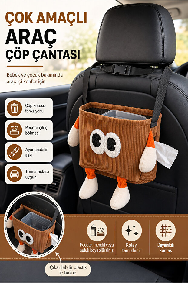 Binmio Multi-Purpose Car Trash Bag | Children's Car Organizer, Napkin Holder Brown