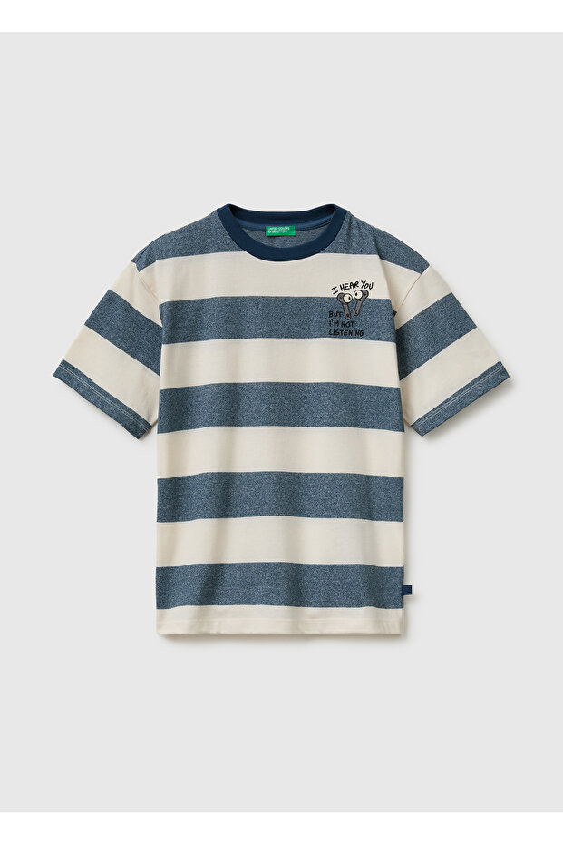 Boy's Blue and White Embroidered Striped Short Sleeve T-Shirt