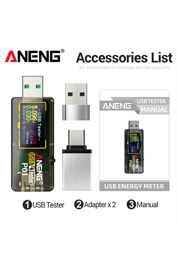 جهاز اختبار ANENG P01 USB من نوع C، مقياس فولت وأمبير، كاشف شحن سريع من نوع C