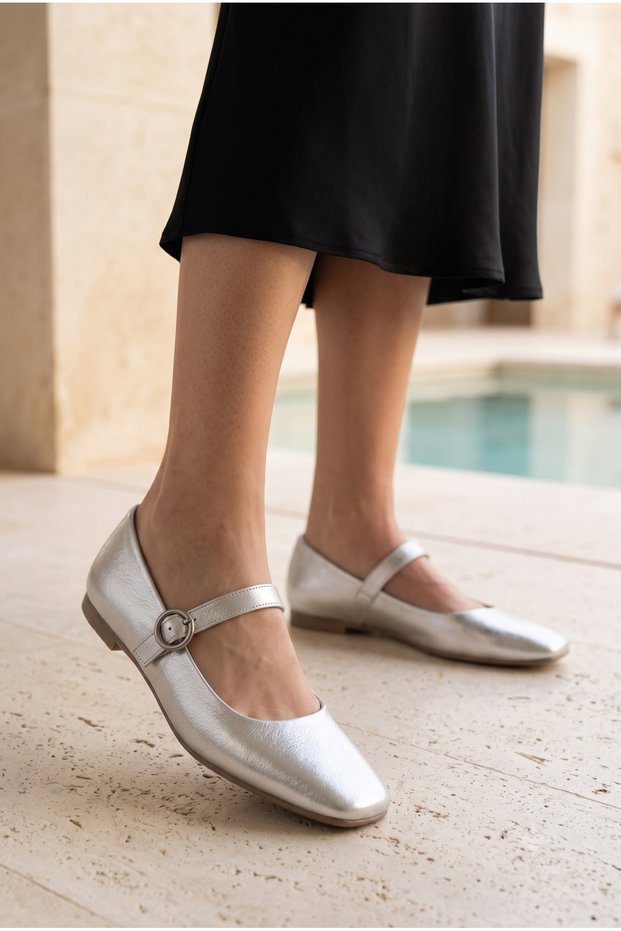Soft Silver Gray Women's Mary Jane Ballet Flats - Elegant & Breathable Design