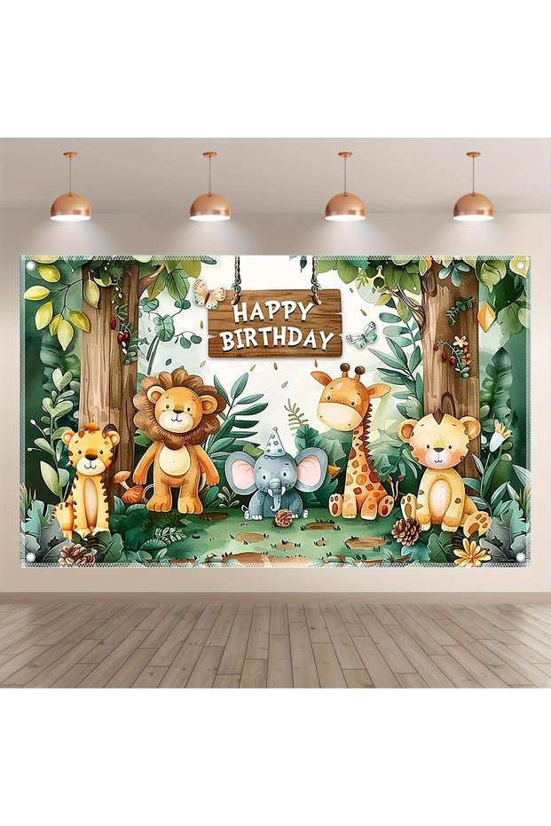 150x210cm Wild animal jungle birthday background, photography backdrop with punch hole, cartoon zoo
