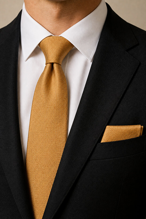 Dark Champagne Color Dobby Woven Tie Set with Handkerchief