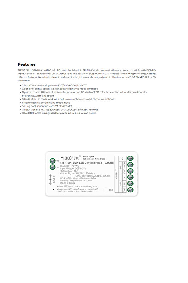 SPIW5 WiFi and 2.4G Miboxer 5in1 SPI+DMX Smart APP TUYA LED Controller WiFi BLE 2.4G Single Color