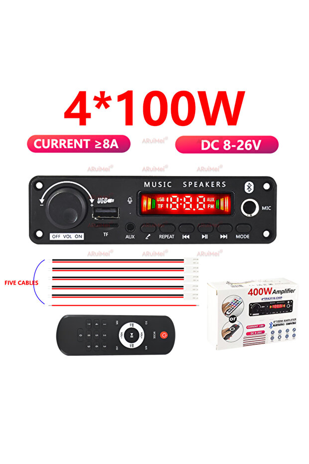 مكبر صوت 400 واط عدد 2، لوحة فك تشفير بلوتوث MP3 WMA APE، يعمل بجهد 8-26 فولت تيار مستمر، ميكروفون صوتي للسيارة بدون استخدام اليدين، منفذ USB