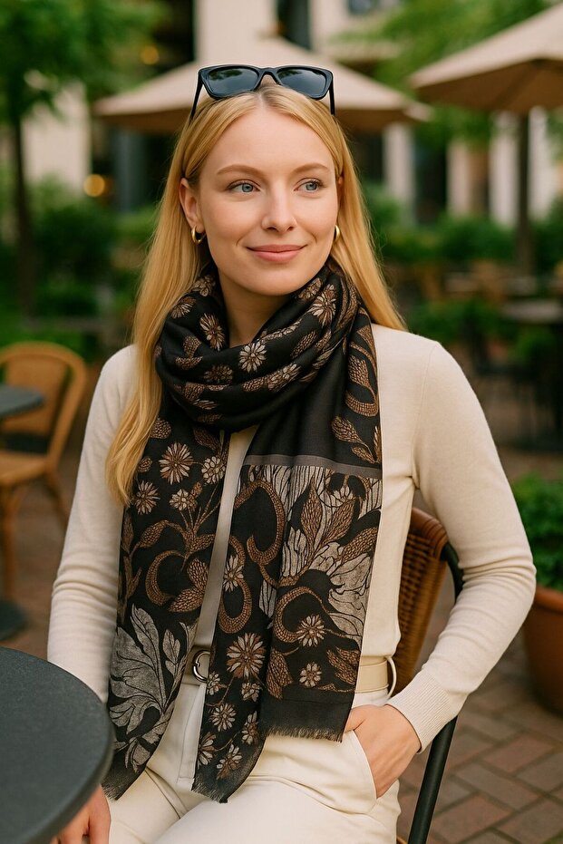 15077 Flower Patterned Black Shawl