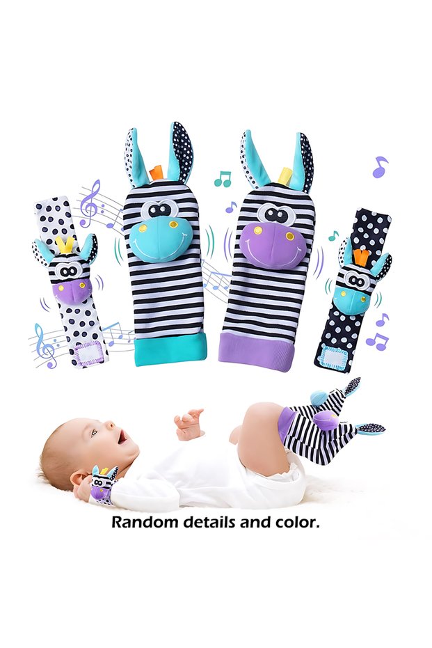 Purple-donkey 4pcs Baby Rattle Toys Cute Stuffed Animals Wrist Rattle Foot Finder Socks 0~24 Months