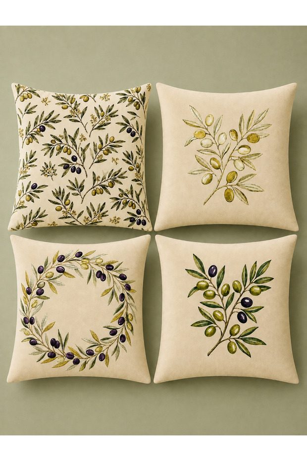 Olive Harmony 4-Piece Digital Print Polyester Kirlent Cover Set (Kr)