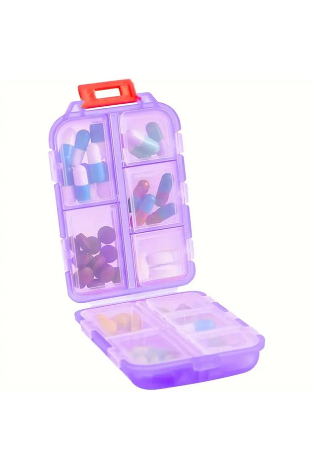 1 PC Purple Pocket Portable Pill Storage Box, 10 Compartments Travel Pill Organizer Case Daily Pill