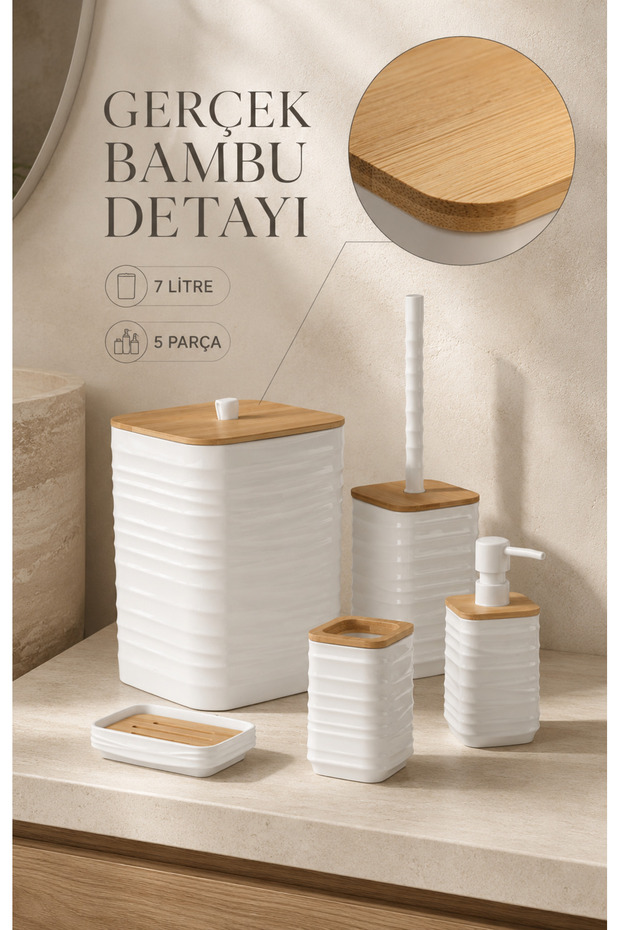 Luna White Bamboo Detailed 7Lt 5-Piece Bathroom Set