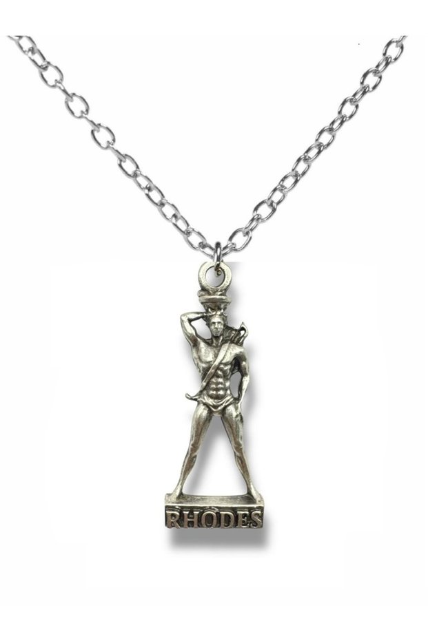 Sun God Helios Necklace with Statue of Rhodes Figure – Ancient Mythology Themed Silver Color Unisex Jewelry
