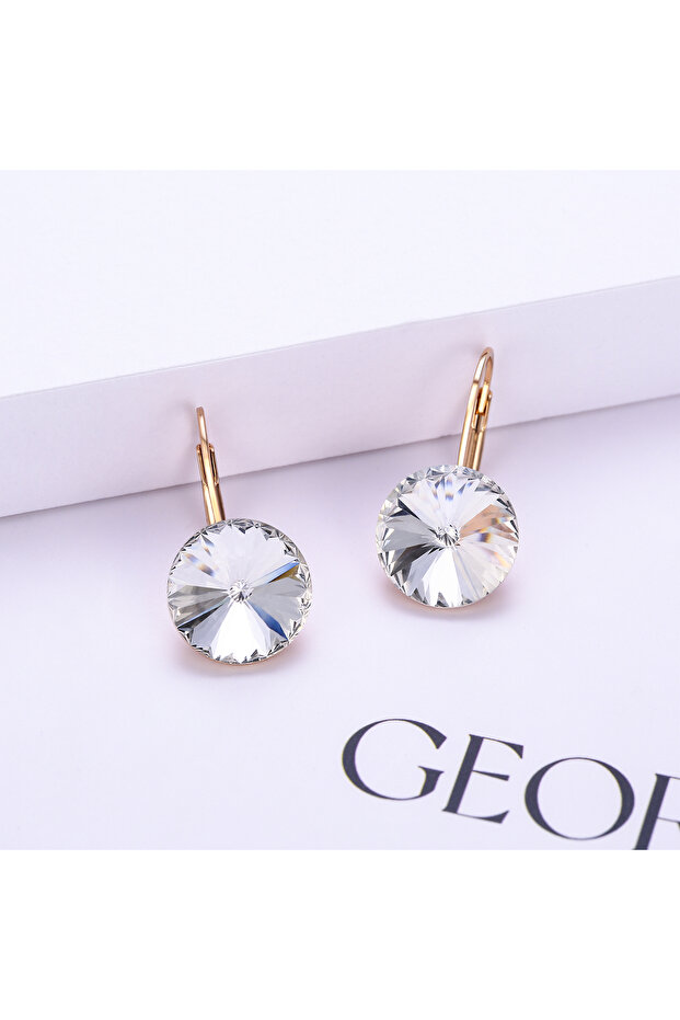 Golden White Round Sparkling Crystal Earrings for Women, Hypoallergenic Dangle Drop Earrings, Elegan