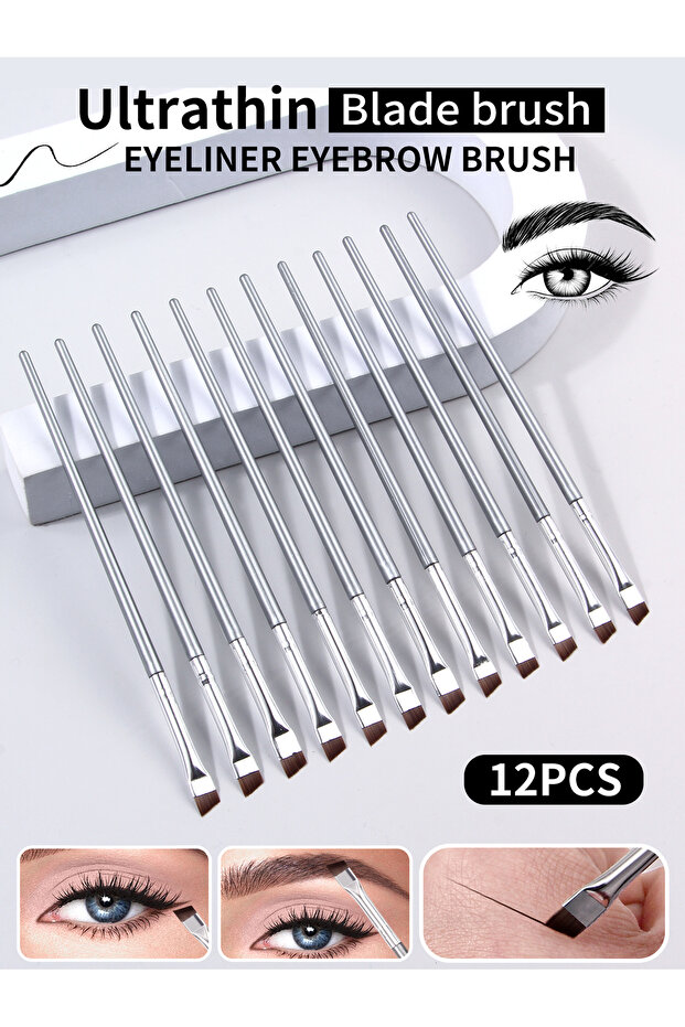 Silver 12pcs Silvery Super Thin Blade Eyeliner Brush & Soft Makeup Brush Set, Portable Eyebrow Brush