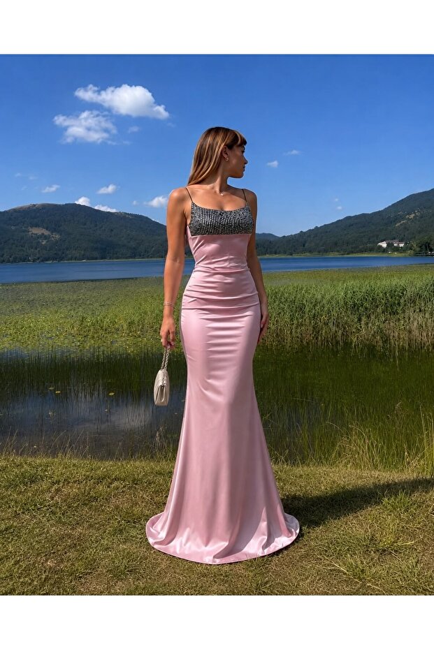 Rose Dried Satin Chest Sequined Thin Straps Draped Long Evening Dress 582612