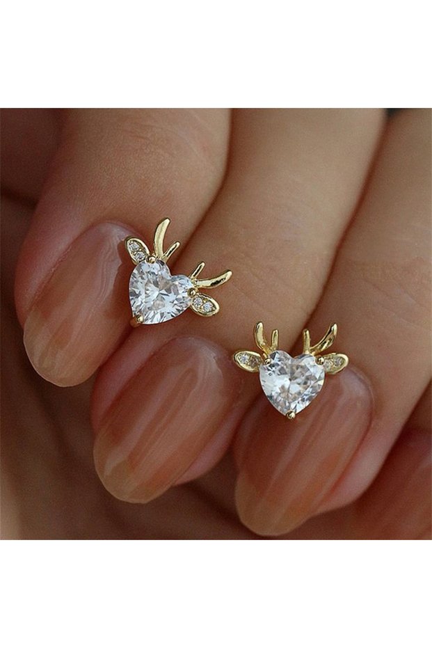 E4333 Huitan Cute Elk Stud Earrings with Bright Heart Zirconia Graceful Gold Color Christmas Accesso