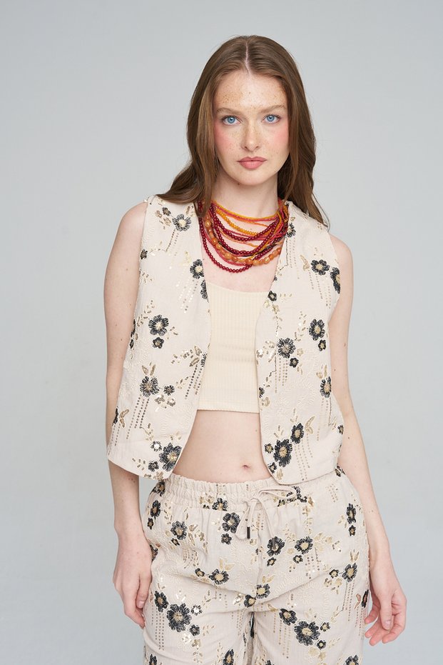 Women's Ethnic Floral Embroidered and Sequin Embellished Crop Vest