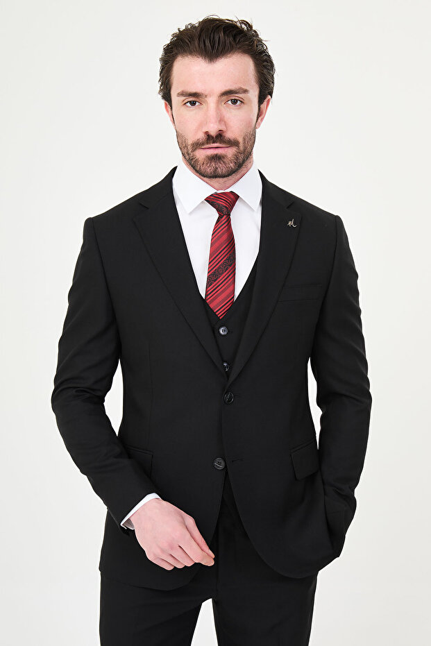 Straight Slim Fit Mono Collar Men's Suit Black - 45461.26Y