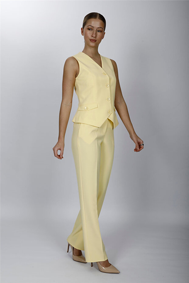 V-Neck Decorated Buttoned Vest Suit 1530505-Yellow - 1530505