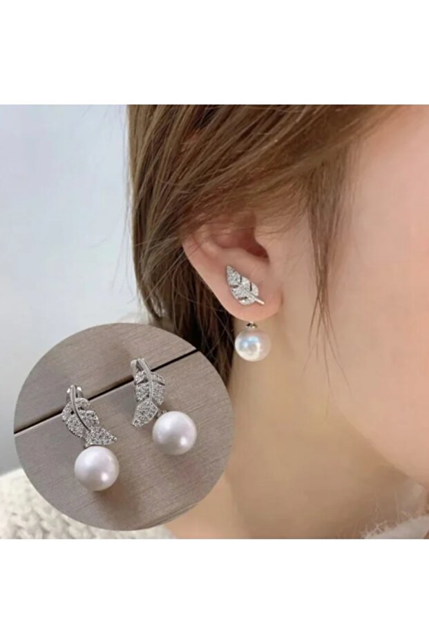 Silver Color Plated Leaf Figured Pearl Detailed Tarnish Resistant Antiallergic Steel Earrings