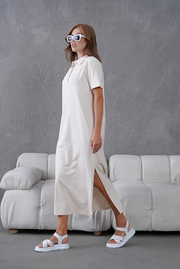 Polo Collar Short Sleeve Slit Relaxed Jersey Dress