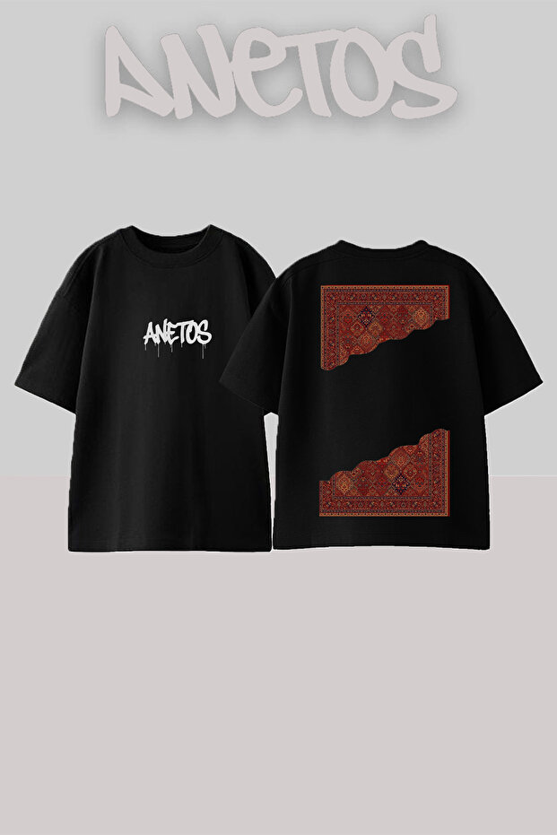 تي شيرت قطني أسود كبير الحجم بتصميم سجادة فارسية 1 مطبوع على الظهر