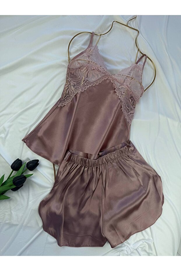 Satin Lace Detailed Strappy Shorts Pajama Nightgown Set