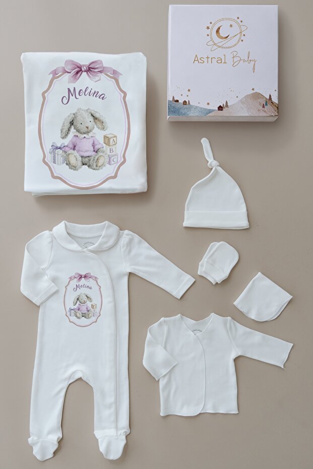 100% Cotton Premium Newborn Hospital Release 6-Piece Collared Long Sleeve Set Rabbit