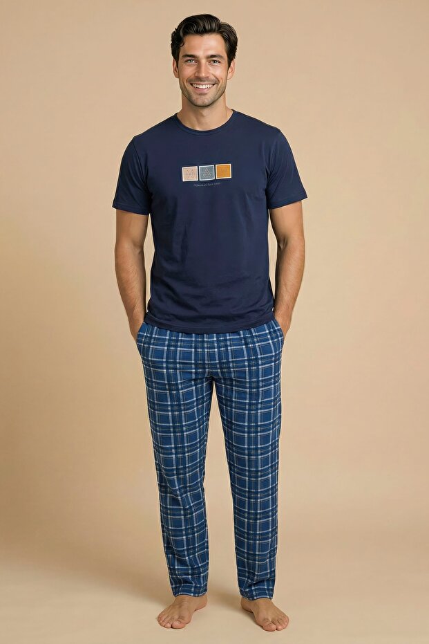Mrn 8102 Men's Summer Short Sleeve Pajama Set with Combed Cotton Striped Pajamas and Pockets