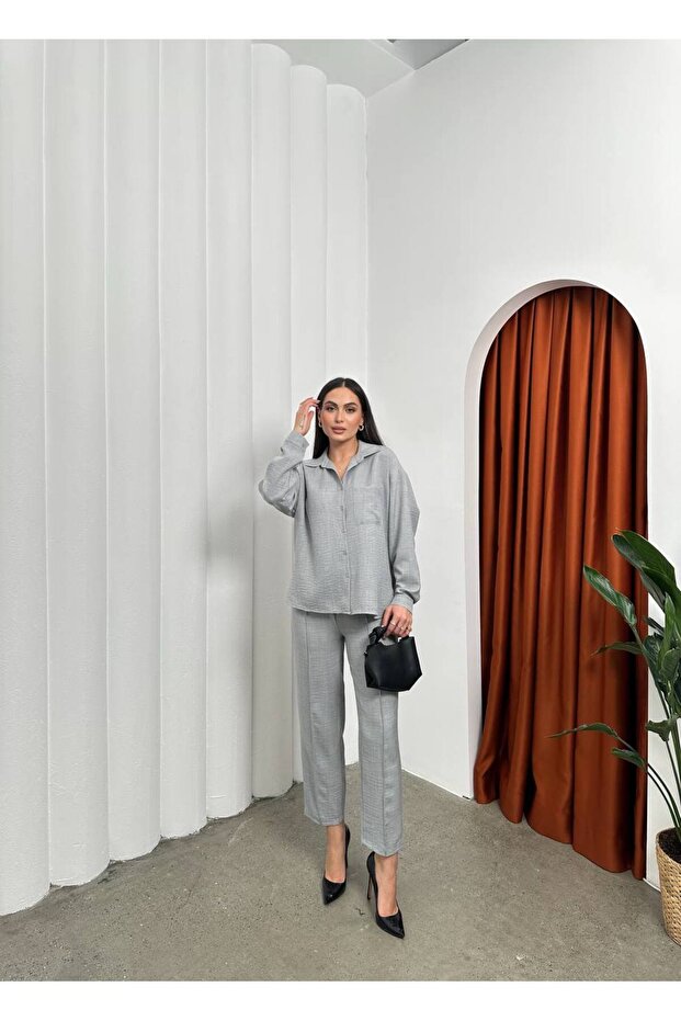 Women's Two-Piece Linen Shirt Pants Top and Bottom Set With Tie