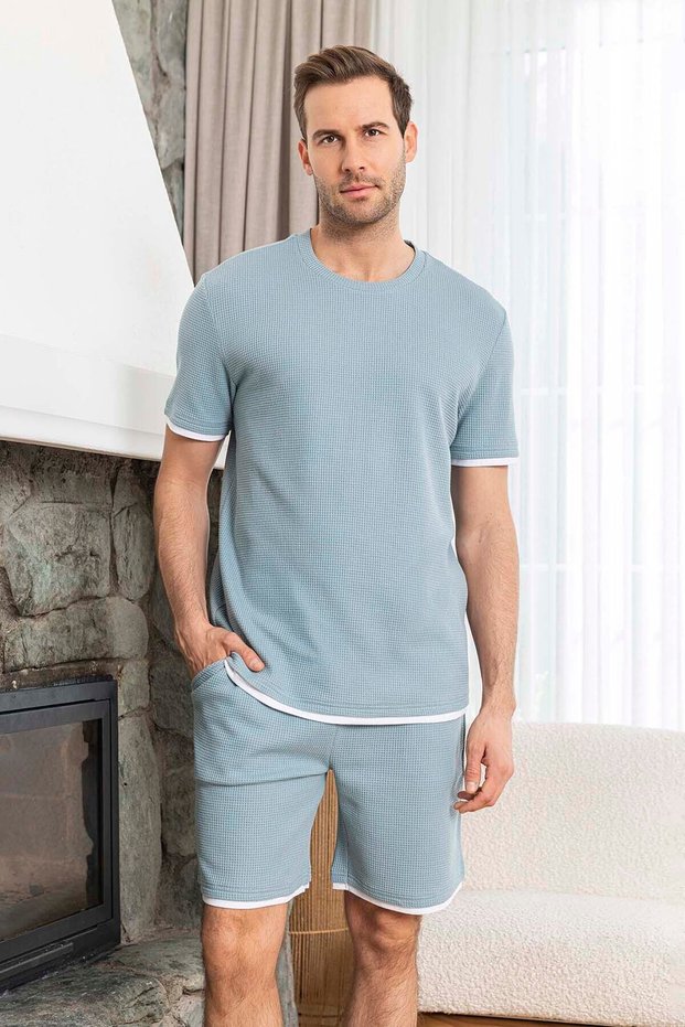 Men's Short Sleeve Shorts Piping Detail Waffle Fabric Pajama Set 260102 Mint