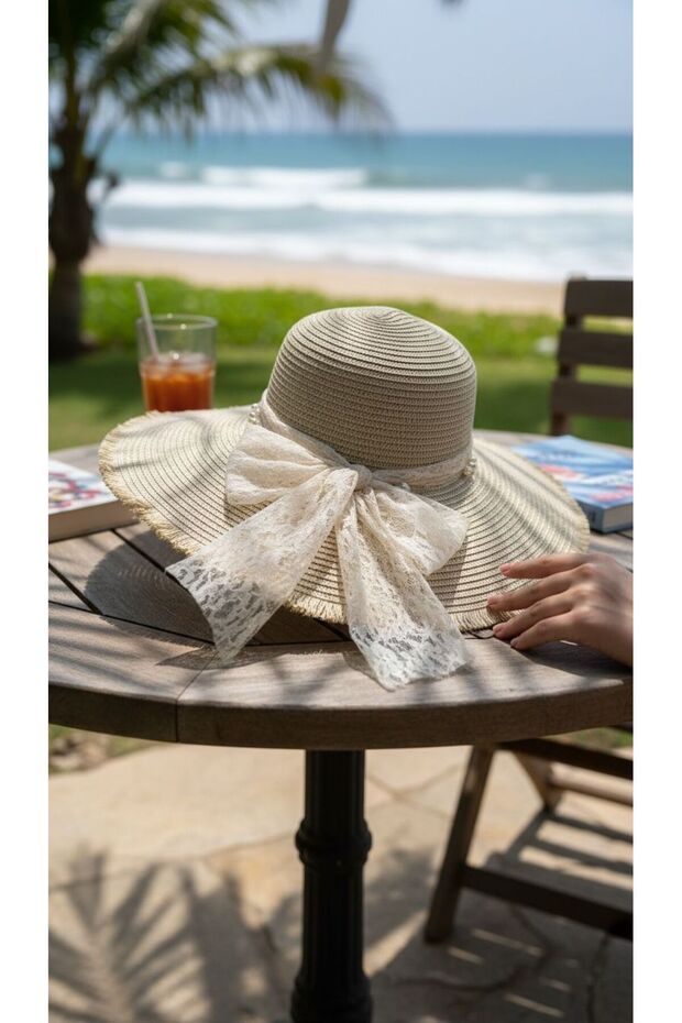 Lace Ribbon Straw Hat – Wide Brim Hat with Lace Ribbon Detail