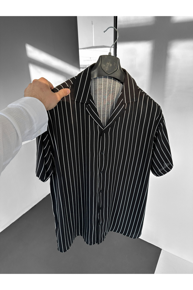 Cuban Collar Black Pinstripe Efil Efil Alaçatı Shirt
