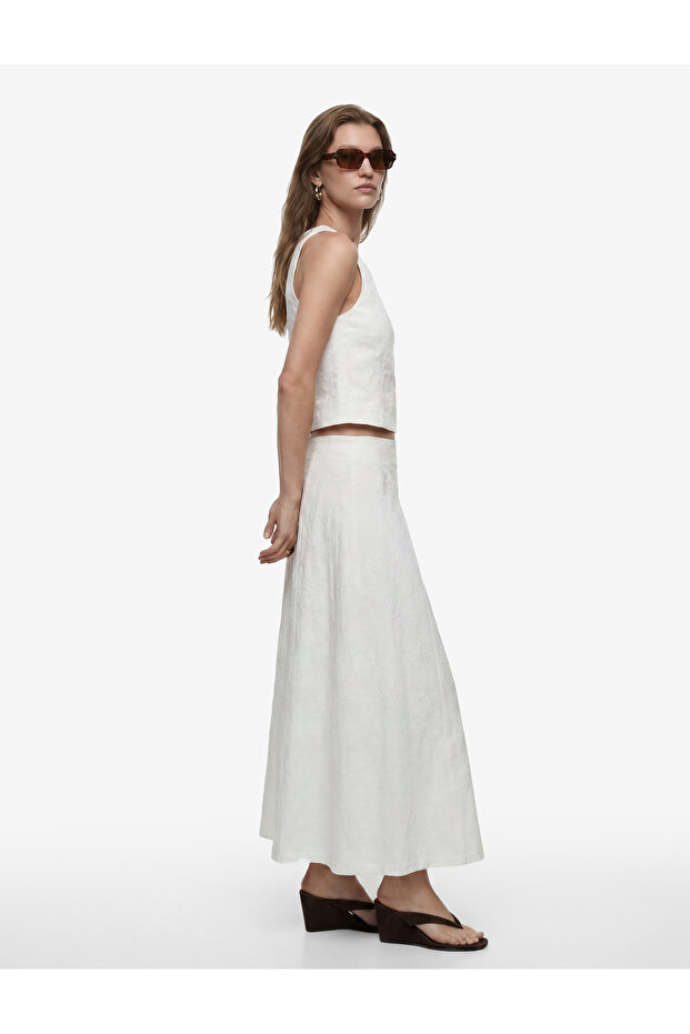Cotton Floral Embroidery Detailed Pocketed Midi Flared Skirt