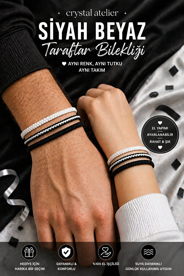 Set of 3 Black and White Macrame Fan Bracelets - Handmade Adjustable Unisex Knitted Bracelet