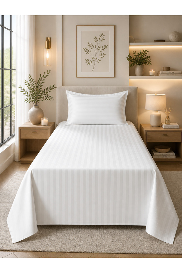 Single Bed Striped Bedsheet Set 2 Pieces – 160x200 cm Flat Sheet + 50x75 cm Pillowcase – Soft & Stylish Fabric