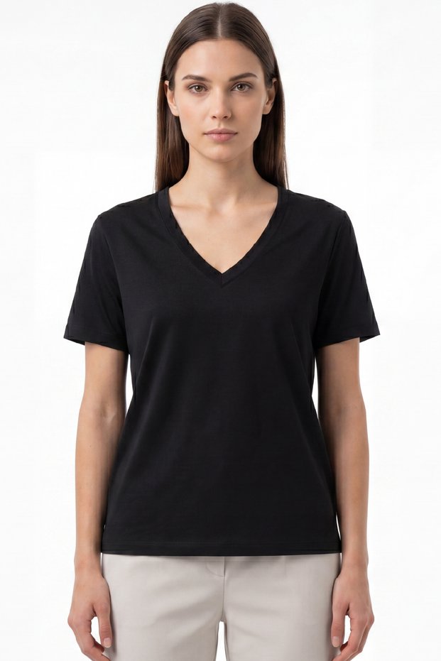 Women's Vision V-Neck Premium Quality Dense Textured Cotton T-Shirt Black W102-R0220-09