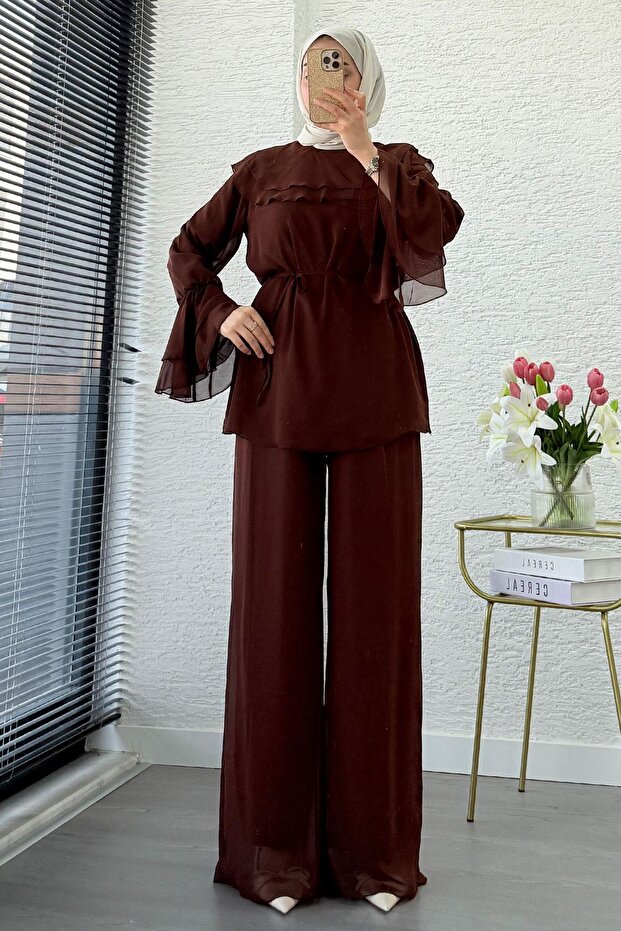 Premium Volan Layered Chiffon Double Set – Brown