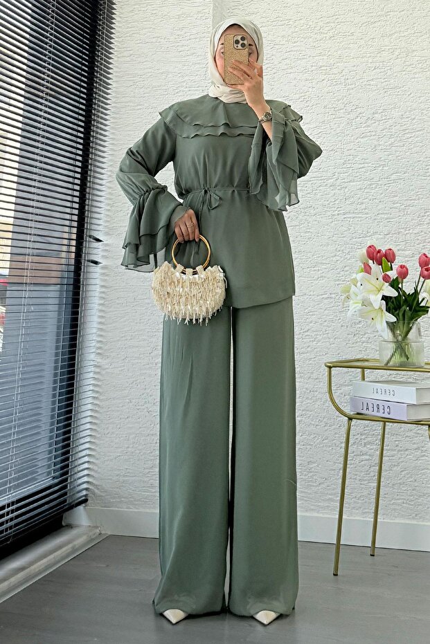 Premium Layered Chiffon Double Set – Khaki