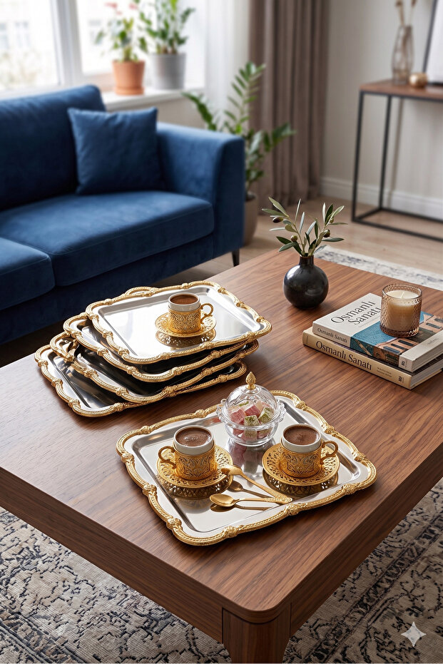Plast Square Silver 6-Piece Stainless Steel Gold Frame Coffee Presentation Tray Serving Decorative Tray