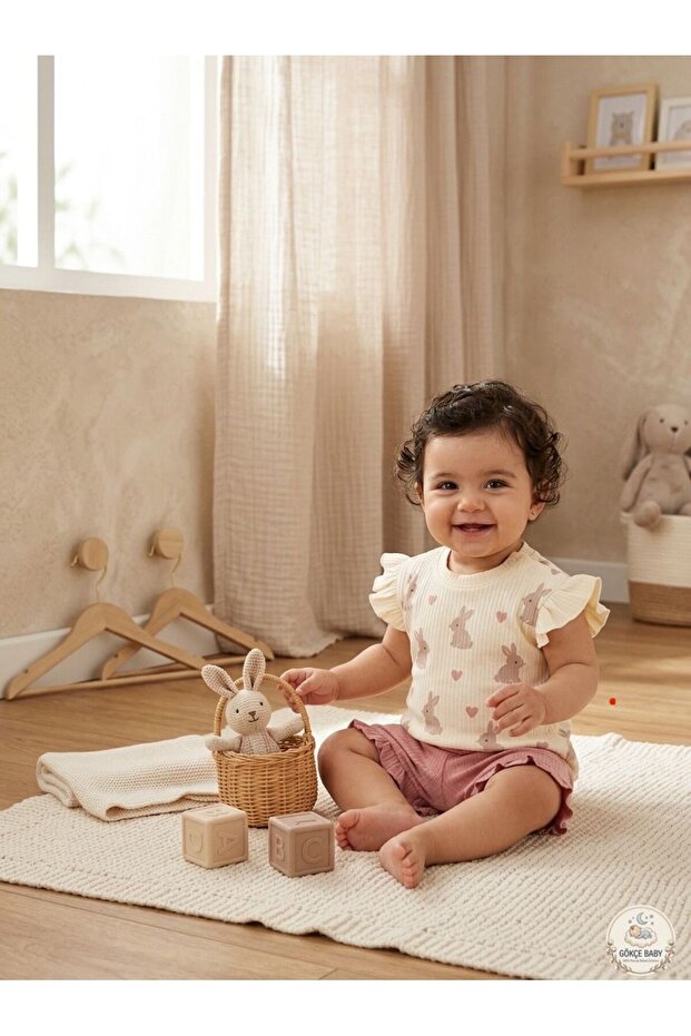 Baby Rabbit Patterned Ruffled Ribbed Set - 2-Piece Summer Set - 3