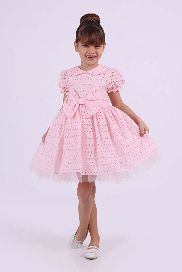 Embroidered Fabric Bow Detailed Special Occasion Dress Pink