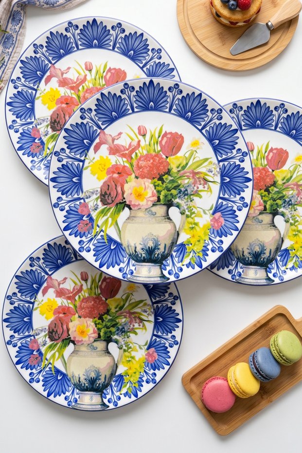Vase and Colorful Floral Patterned (6 Pieces, 27 cm) Serving and Breakfast Plate Set - Presentation Plates