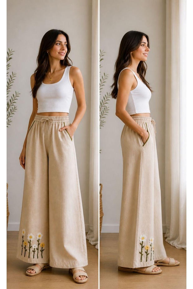 İşlemeli Tencel Pantolon