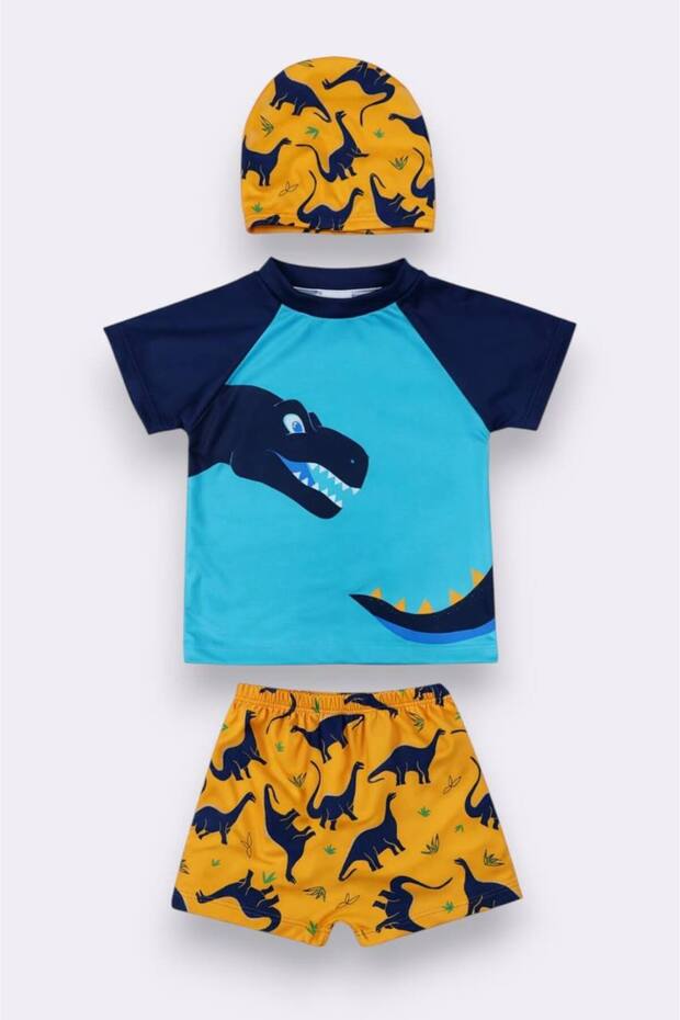 Boys' Dinosaur Patterned 3-Piece Swimsuit Set | Uv Protection Short Sleeve Sea T-Shirt, Shorts and Cap