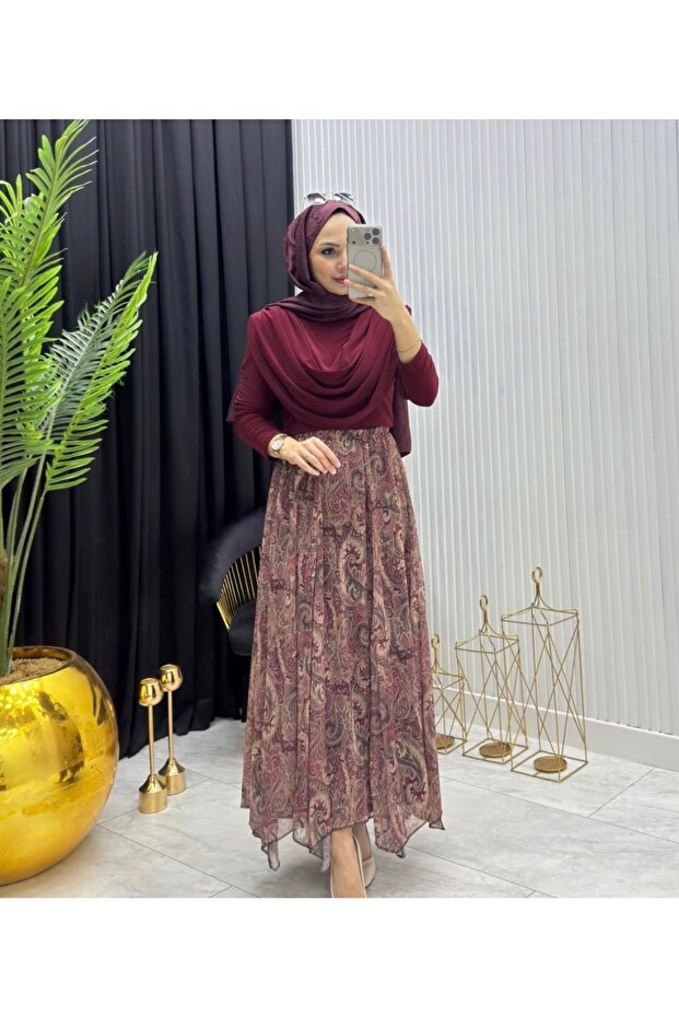 Women's Shawl Patterned Asymmetrical Cut Chiffon Skirt with Elastic Waist
