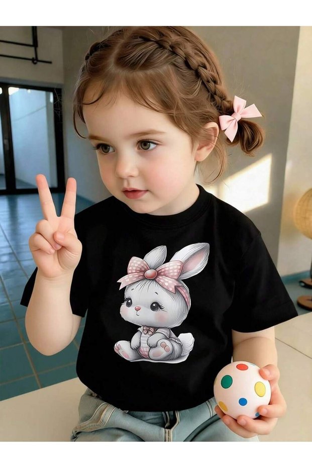 Cute Rabbit Printed Crew Neck 100% Cotton Short Sleeve Kids and Teenagers T-Shirt