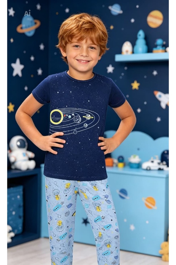 Space Themed Navy Blue & Light Blue Color Crew Neck Cotton Combed Boys' Pajama Set