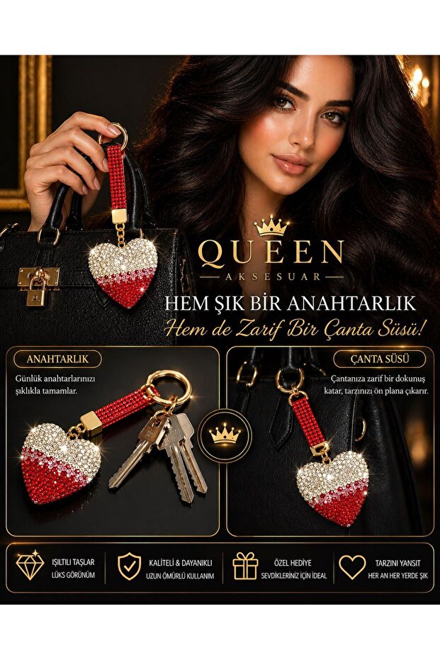 Luxury Crystal Shiny Stone Heart Keychain Bag Charm Hanging Ornament Accessory Red White
